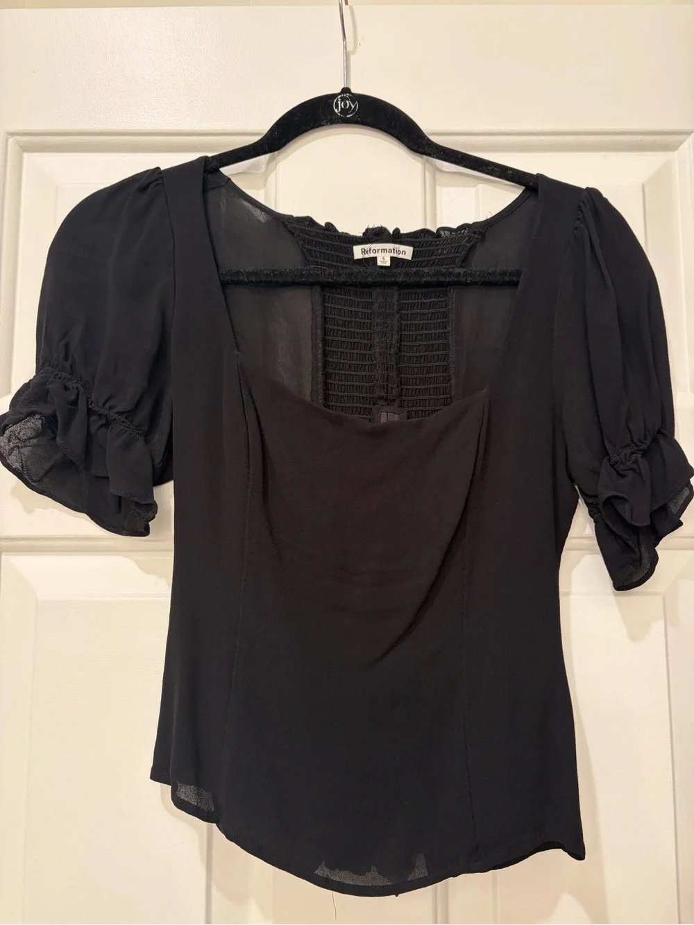 Reformation Black Puff Sleeve Square Neck Blouse